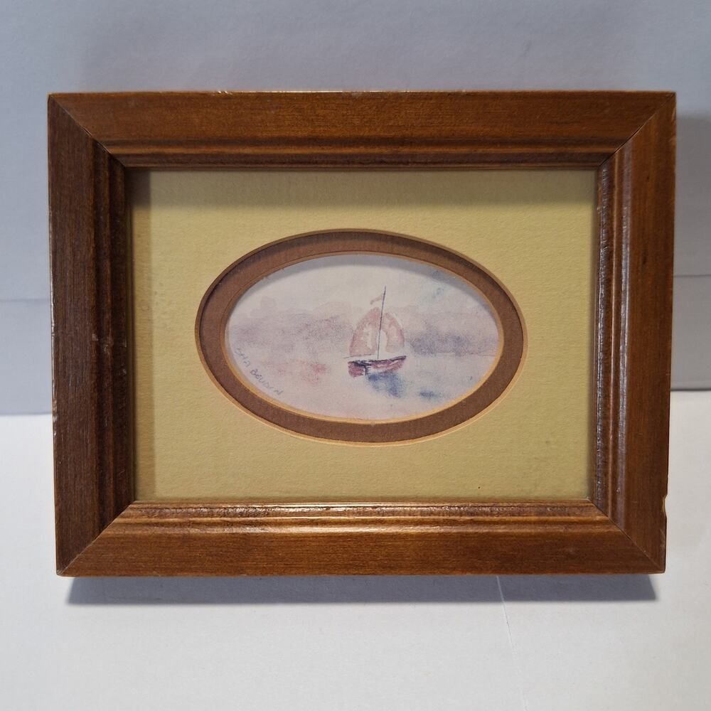 Sha Boudin Miniature Framed Art Print Sailing Boat Watercolor 5"x4"